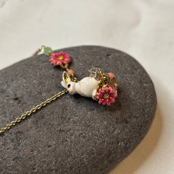 Les Nereides Enchanted Encounter Bunny on Pink Flower Pendant Necklace NWT - Picture 7 of 14